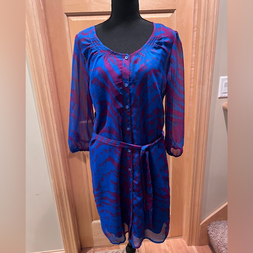 Express Vibrant Sheer 3/4 Sleeve Blue & Purple Zebra Print Shirt Dress Whimsy M